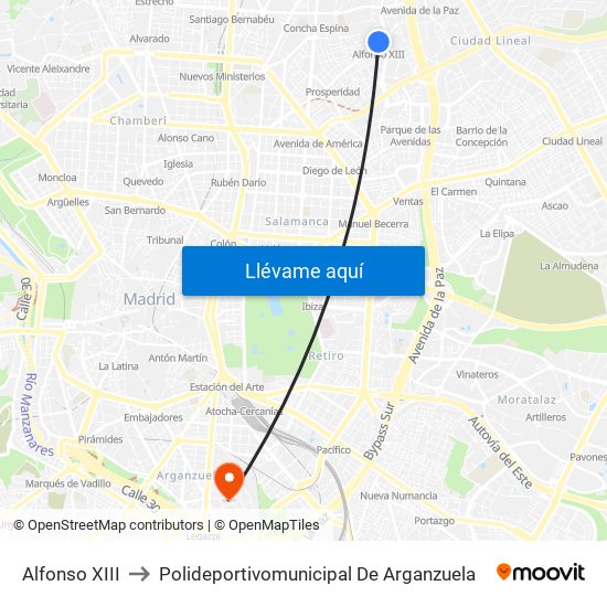 Alfonso XIII to Polideportivomunicipal De Arganzuela map