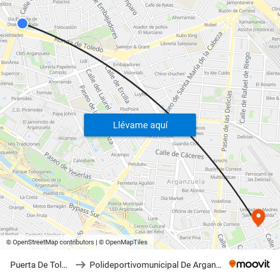 Puerta De Toledo to Polideportivomunicipal De Arganzuela map