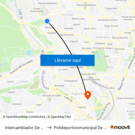 Intercambiador De Moncloa to Polideportivomunicipal De Arganzuela map