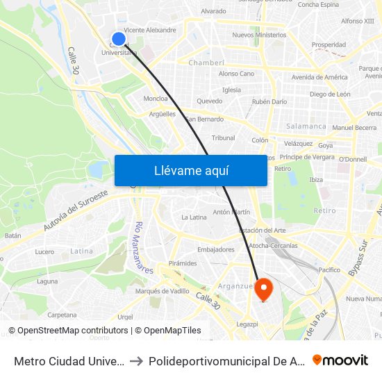 Metro Ciudad Universitaria to Polideportivomunicipal De Arganzuela map