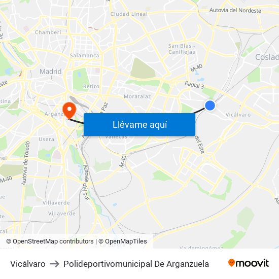 Vicálvaro to Polideportivomunicipal De Arganzuela map