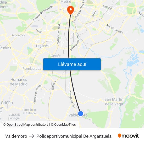 Valdemoro to Polideportivomunicipal De Arganzuela map