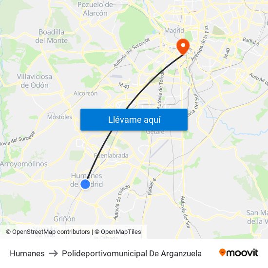 Humanes to Polideportivomunicipal De Arganzuela map