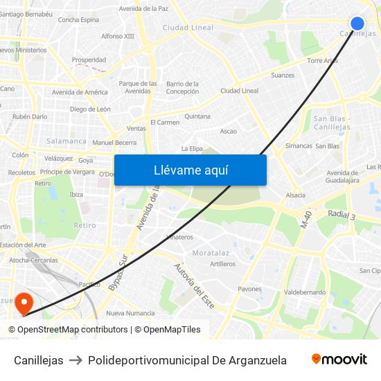 Canillejas to Polideportivomunicipal De Arganzuela map