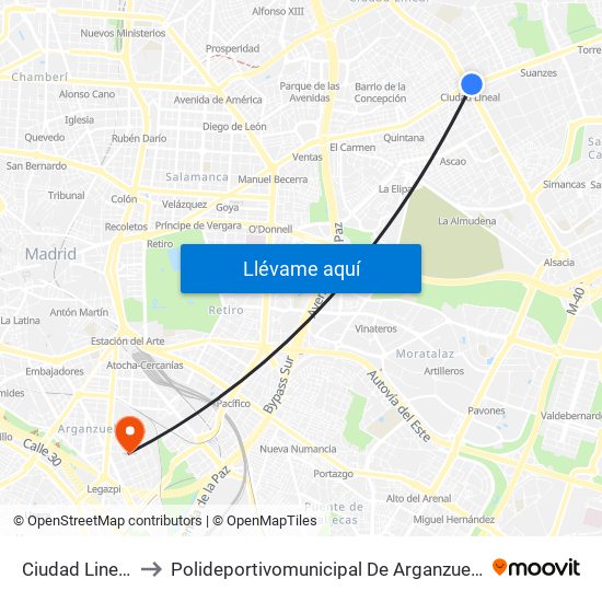 Ciudad Lineal to Polideportivomunicipal De Arganzuela map