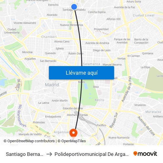 Santiago Bernabéu to Polideportivomunicipal De Arganzuela map
