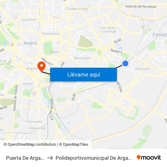Puerta De Arganda to Polideportivomunicipal De Arganzuela map