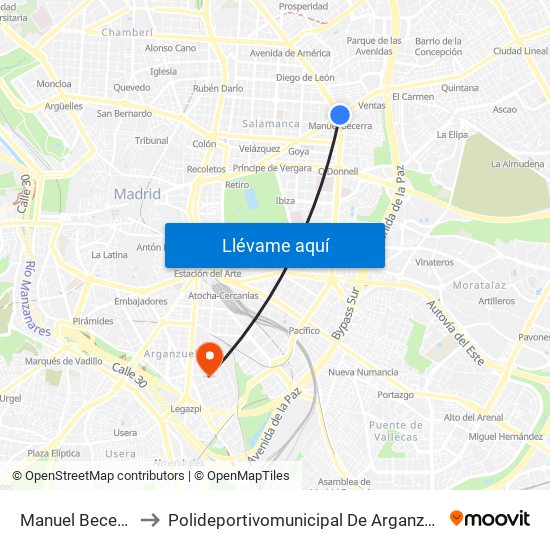 Manuel Becerra to Polideportivomunicipal De Arganzuela map