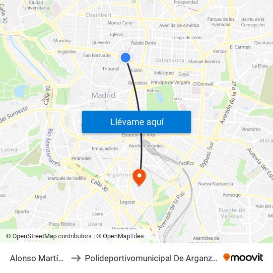 Alonso Martínez to Polideportivomunicipal De Arganzuela map