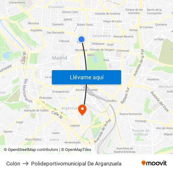 Colón to Polideportivomunicipal De Arganzuela map