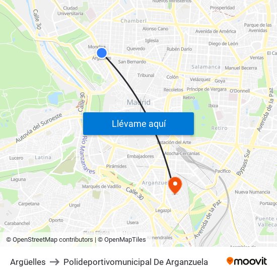 Argüelles to Polideportivomunicipal De Arganzuela map