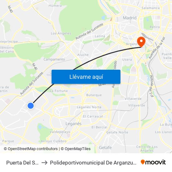 Puerta Del Sur to Polideportivomunicipal De Arganzuela map