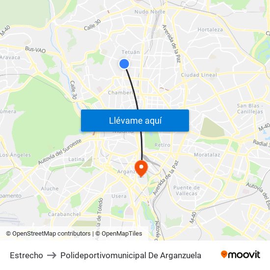 Estrecho to Polideportivomunicipal De Arganzuela map
