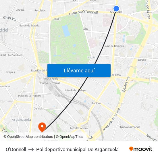 O'Donnell to Polideportivomunicipal De Arganzuela map