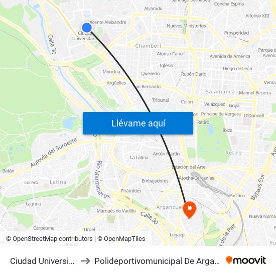 Ciudad Universitaria to Polideportivomunicipal De Arganzuela map