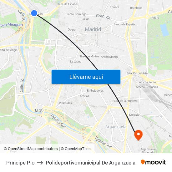 Príncipe Pío to Polideportivomunicipal De Arganzuela map