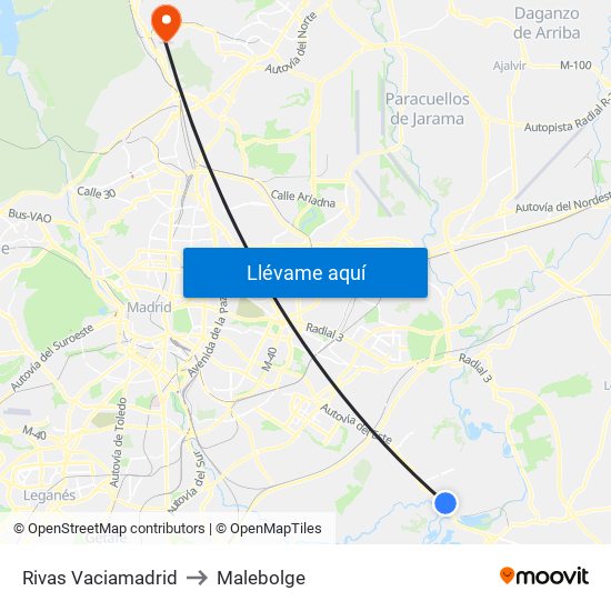 Rivas Vaciamadrid to Malebolge map