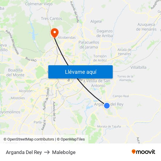 Arganda Del Rey to Malebolge map