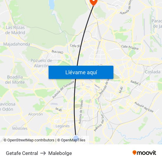 Getafe Central to Malebolge map