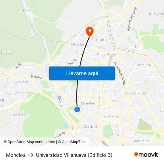 Moncloa to Universidad Villanueva (Edificio B) map