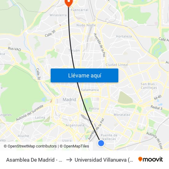 Asamblea De Madrid - Entrevías to Universidad Villanueva (Edificio B) map