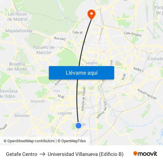 Getafe Centro to Universidad Villanueva (Edificio B) map