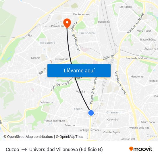 Cuzco to Universidad Villanueva (Edificio B) map