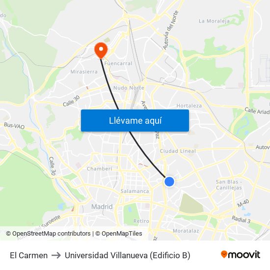 El Carmen to Universidad Villanueva (Edificio B) map