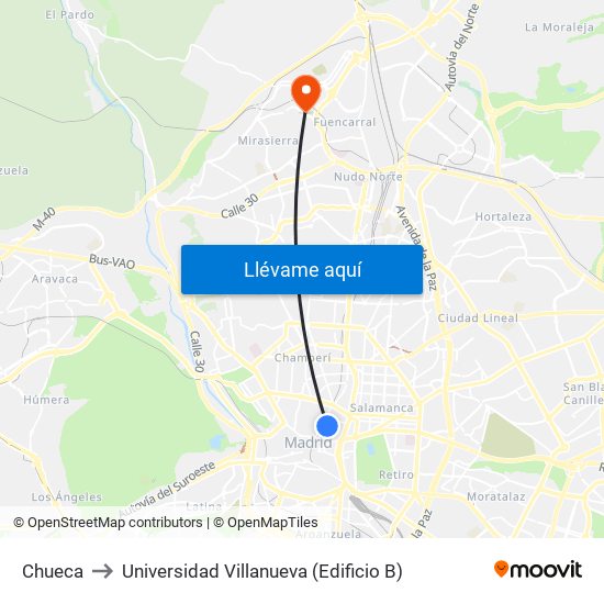 Chueca to Universidad Villanueva (Edificio B) map