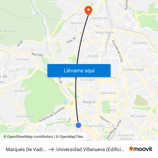 Marqués De Vadillo to Universidad Villanueva (Edificio B) map
