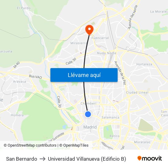 San Bernardo to Universidad Villanueva (Edificio B) map