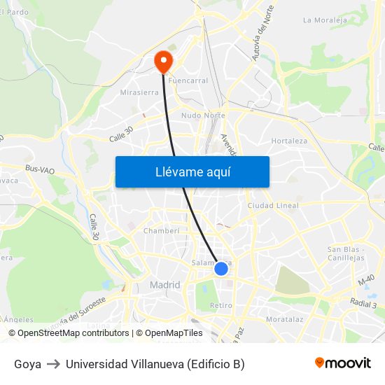 Goya to Universidad Villanueva (Edificio B) map