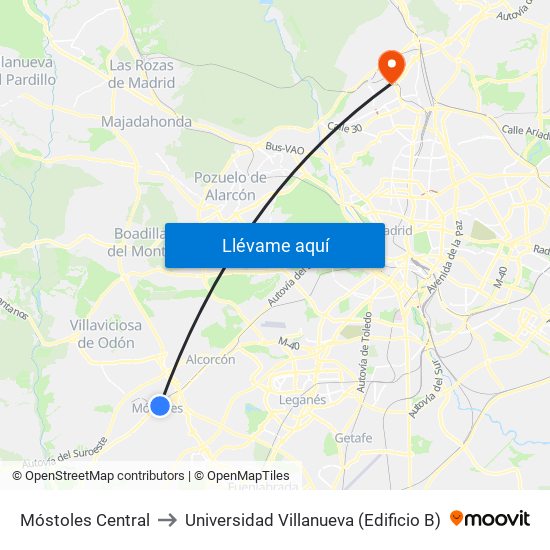 Móstoles Central to Universidad Villanueva (Edificio B) map