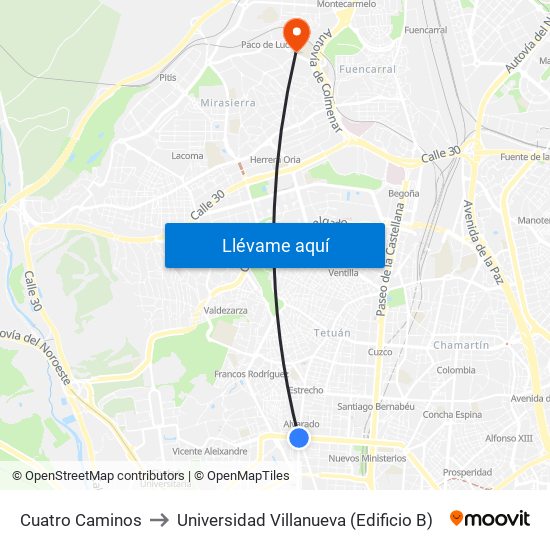 Cuatro Caminos to Universidad Villanueva (Edificio B) map