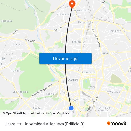 Usera to Universidad Villanueva (Edificio B) map