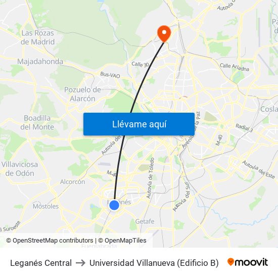 Leganés Central to Universidad Villanueva (Edificio B) map