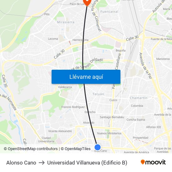 Alonso Cano to Universidad Villanueva (Edificio B) map