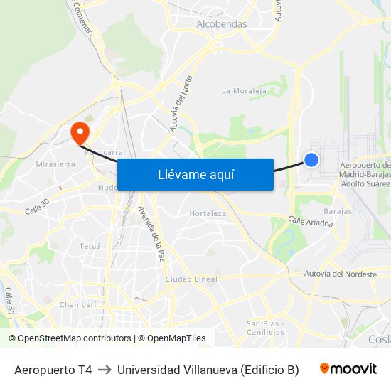 Aeropuerto T4 to Universidad Villanueva (Edificio B) map
