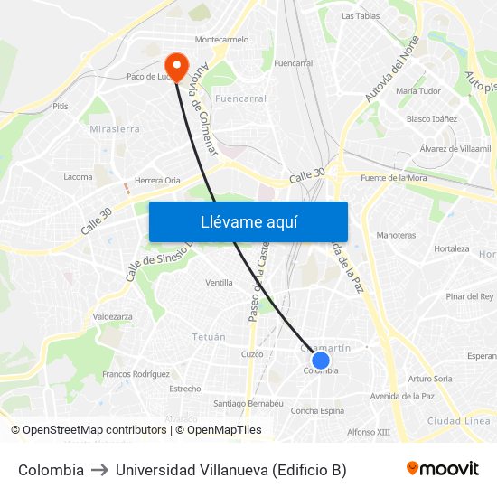 Colombia to Universidad Villanueva (Edificio B) map