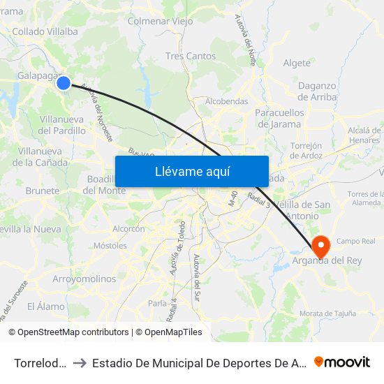Torrelodones to Estadio De Municipal De Deportes De Arganda Del Rey map