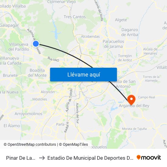 Pinar De Las Rozas to Estadio De Municipal De Deportes De Arganda Del Rey map