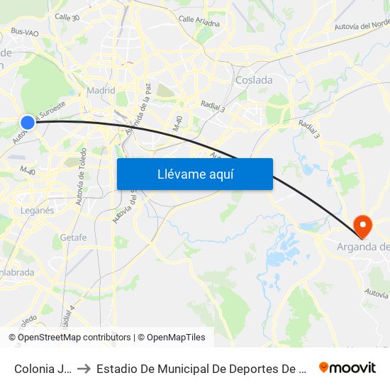 Colonia Jardín to Estadio De Municipal De Deportes De Arganda Del Rey map