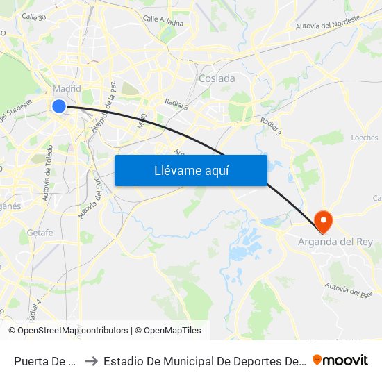 Puerta De Toledo to Estadio De Municipal De Deportes De Arganda Del Rey map
