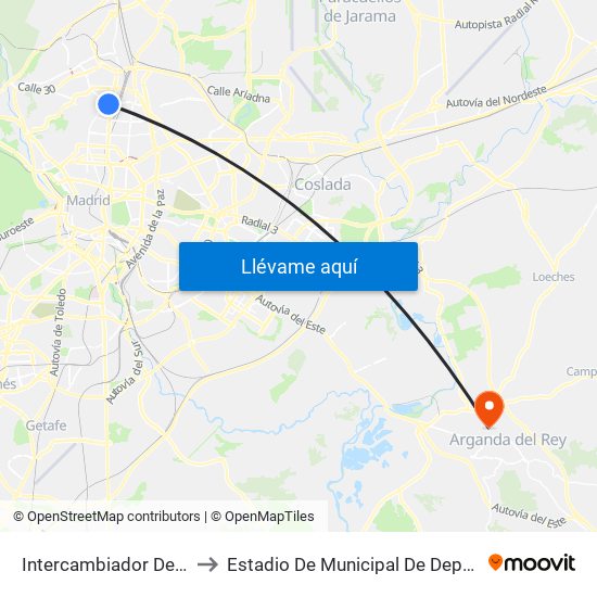 Intercambiador De Plaza De Castilla to Estadio De Municipal De Deportes De Arganda Del Rey map