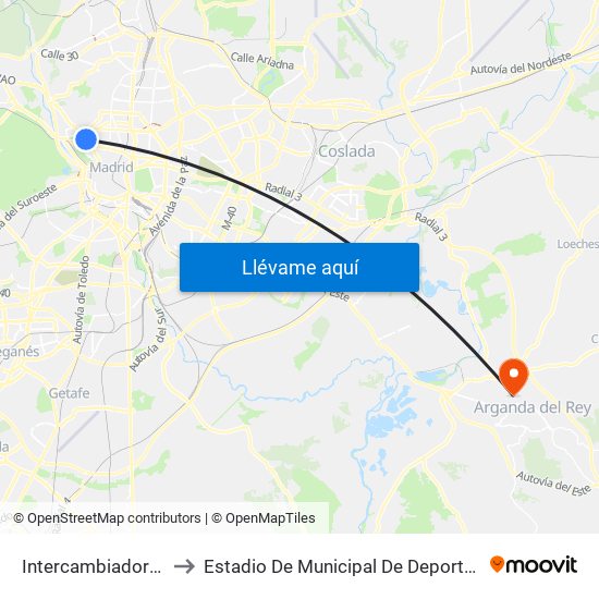 Intercambiador De Moncloa to Estadio De Municipal De Deportes De Arganda Del Rey map