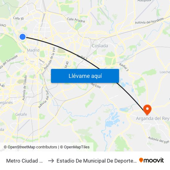 Metro Ciudad Universitaria to Estadio De Municipal De Deportes De Arganda Del Rey map