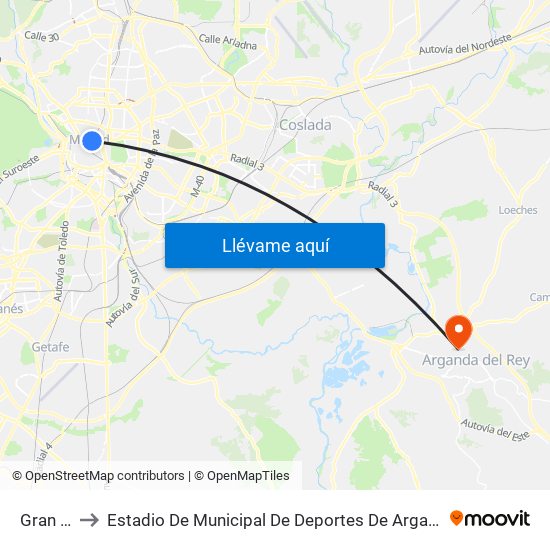 Gran Vía to Estadio De Municipal De Deportes De Arganda Del Rey map