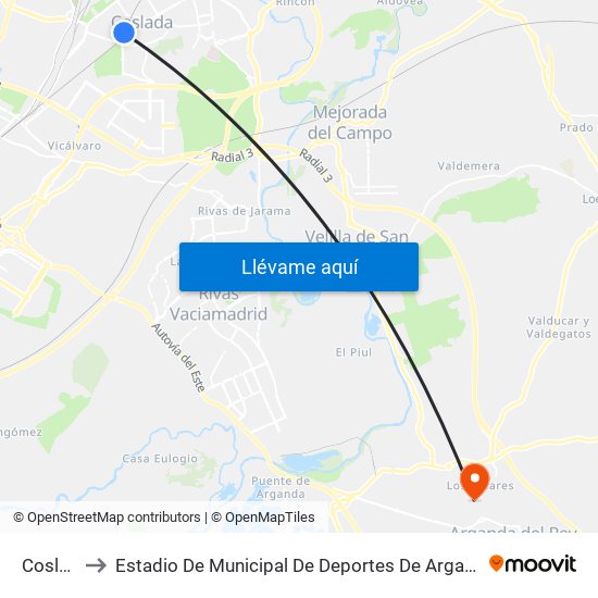 Coslada to Estadio De Municipal De Deportes De Arganda Del Rey map