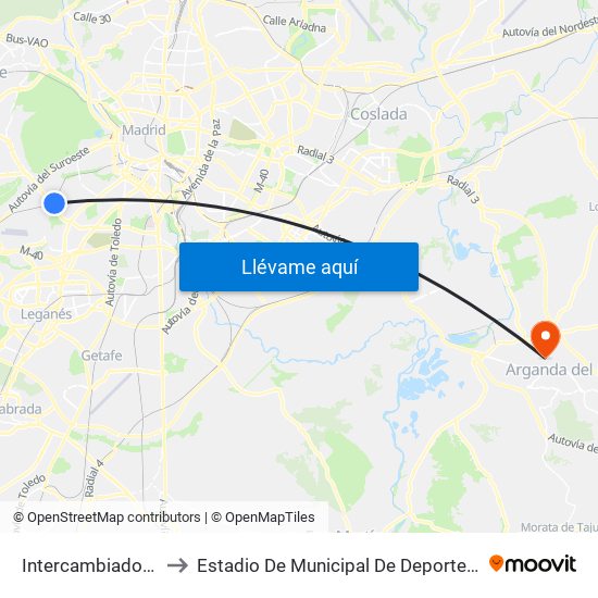 Intercambiador De Aluche to Estadio De Municipal De Deportes De Arganda Del Rey map