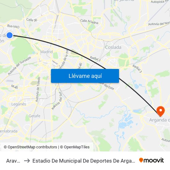 Aravaca to Estadio De Municipal De Deportes De Arganda Del Rey map